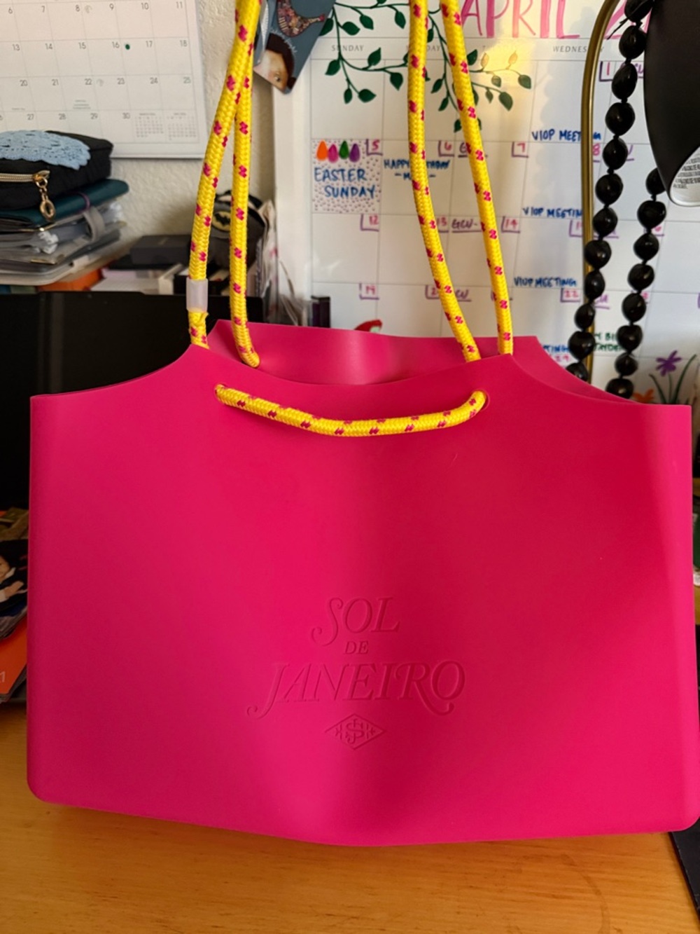 Sol de Janeiro Hot Pink Tote with Yellow Rope Handles